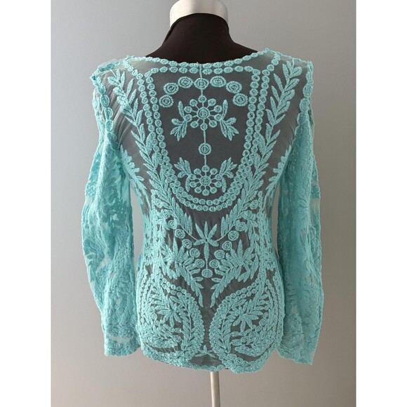 Blue Sheer Embroidered Lace Top Womens Medium Floral Boho Festival Layer Beach - Picture 4 of 13